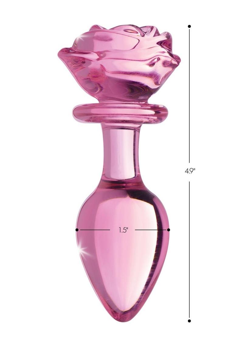 Pink glass rose butt plug, large, side view
