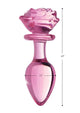 Pink glass rose butt plug, large, side view