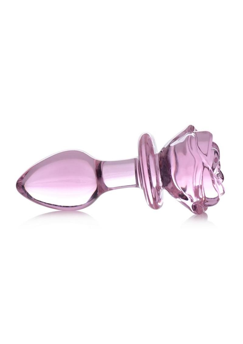 Pink glass rose butt plug, medium, side view