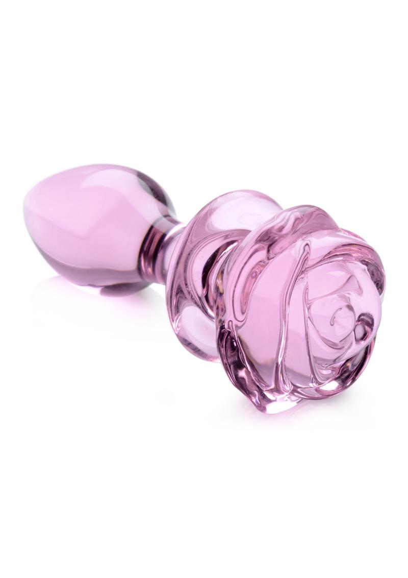 Pink glass rose butt plug, medium, angled view