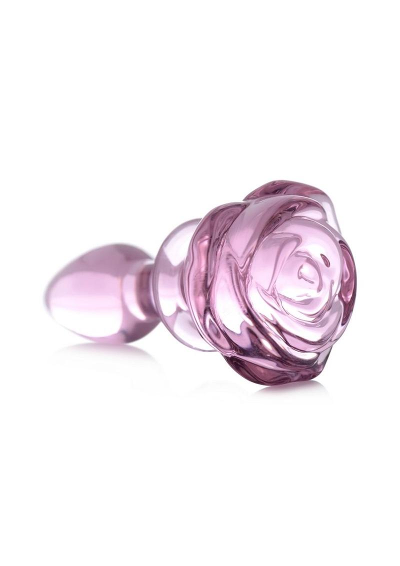 Pink glass rose butt plug, small, side view