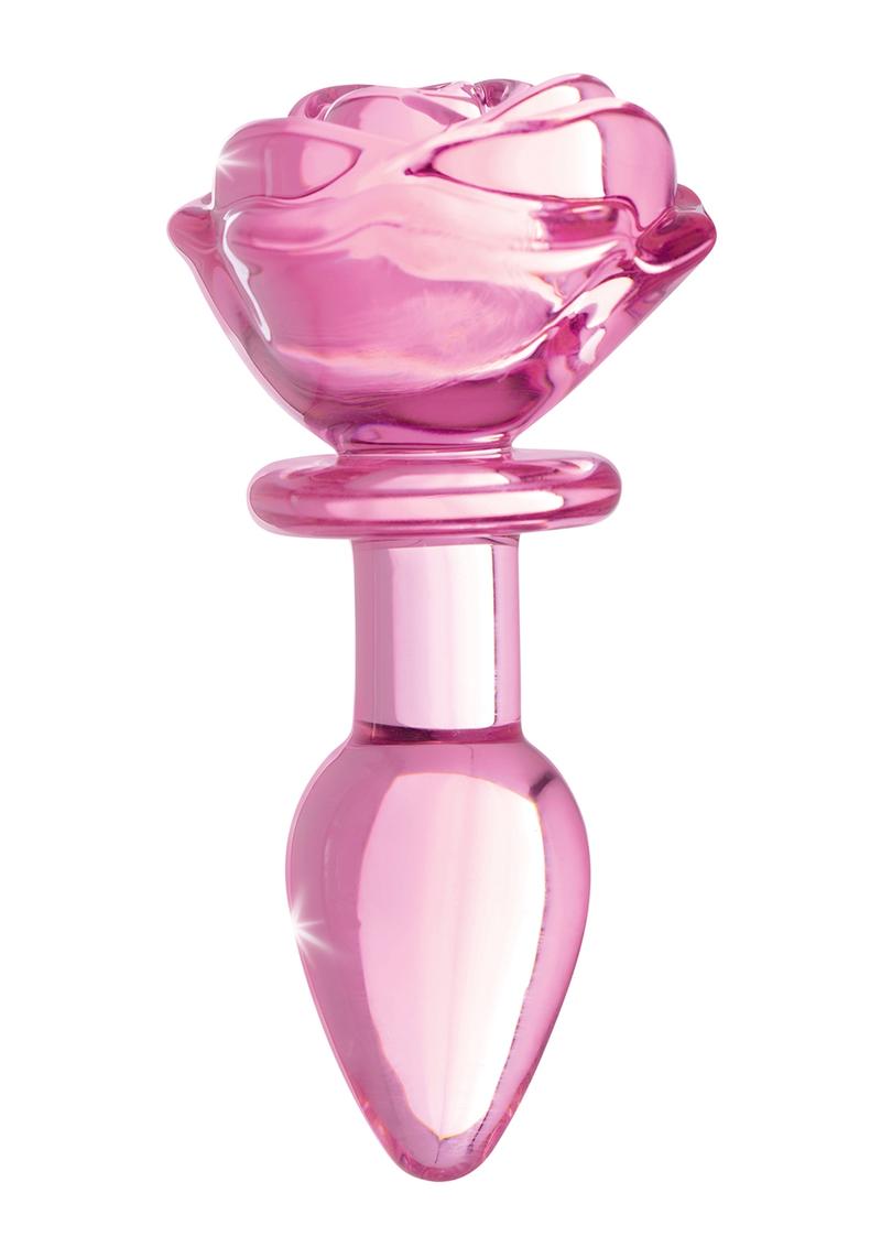 Pink glass rose butt plug, small, upright view