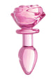 Pink glass rose butt plug, small, upright view