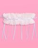 White ruffled tulle bridal garter with blue satin bows and pearl centres
