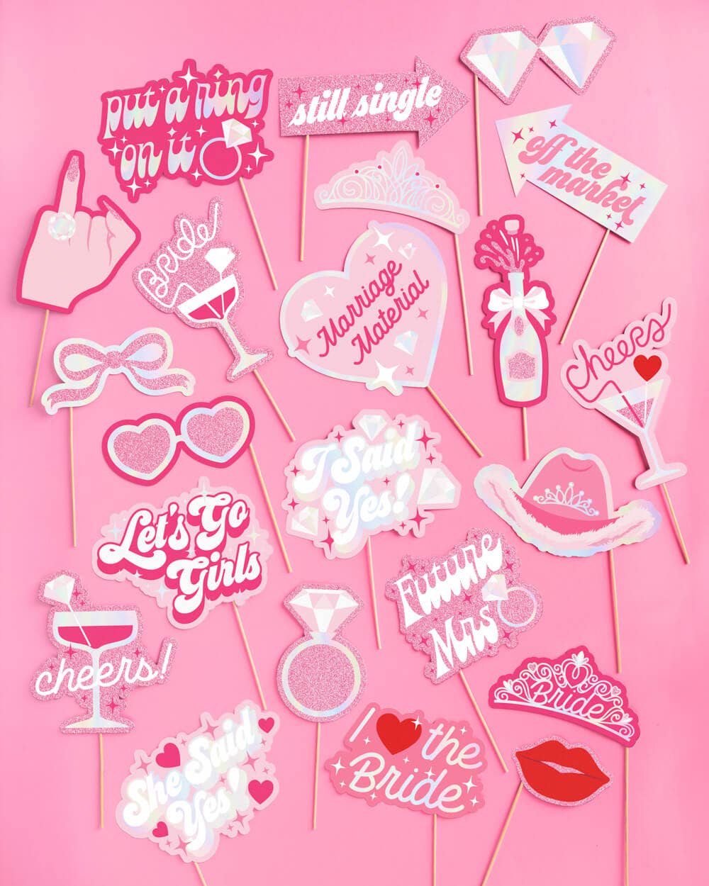Iridescent foil bachelorette photo booth props with wooden sticks