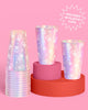 Iridescent plastic party cups printed with diamond rings and sparkle icons