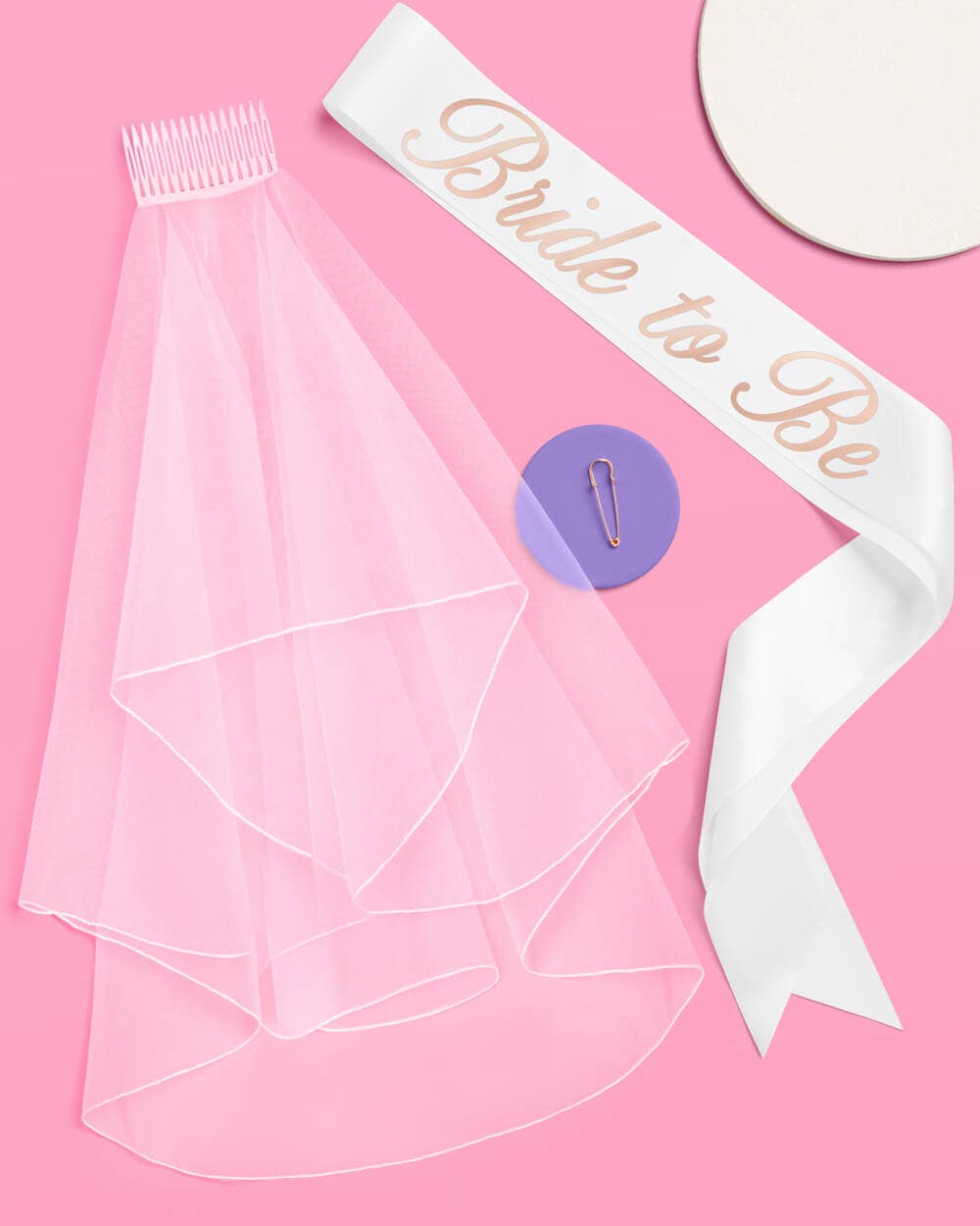 White tulle bridal veil and rose gold foil Bride to Be satin sash set