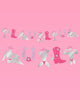 Silver foil western banner with dancer, cowgirl boot, and horseshoe icons