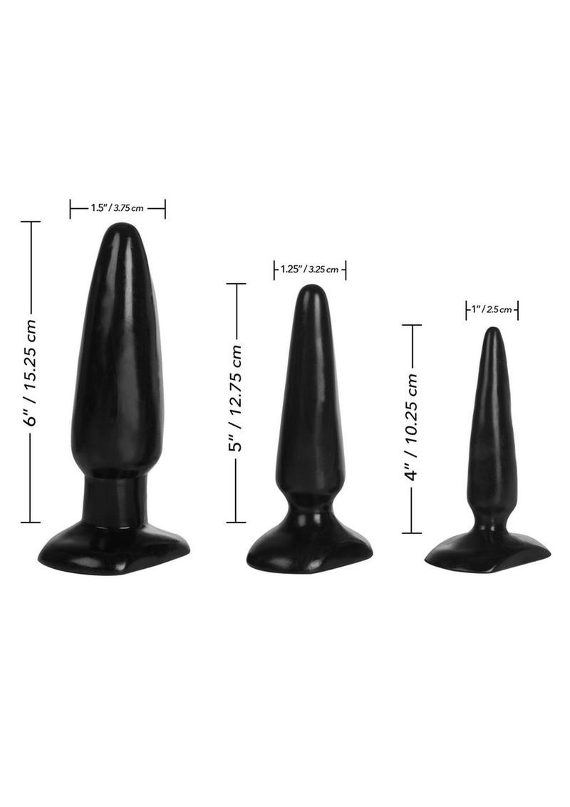 Black rubber butt plugs with size measurements