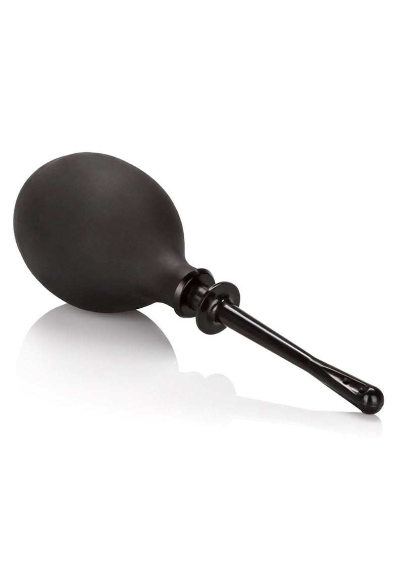 Black anal douche bulb with slim probe, angled view