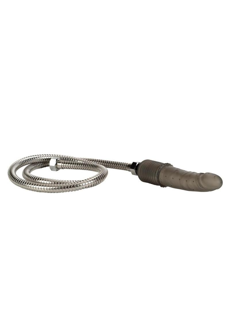 Silver shower hose with nozzle attached, full length