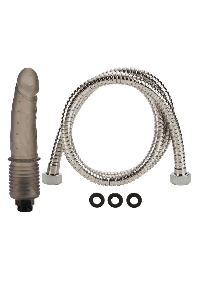 Silver shower hose with clear jelly nozzle and washers