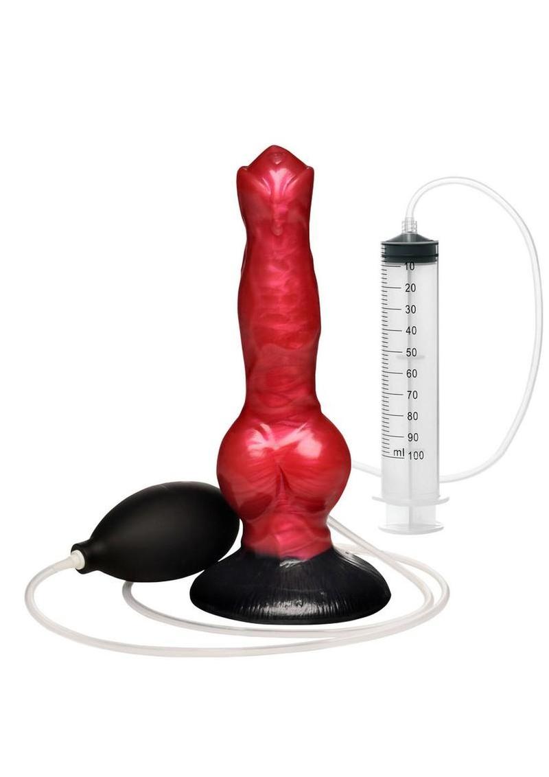 Creature Cocks Hell Hound Squirting Silicone Dildo – red/black with syringe and bulb accessories