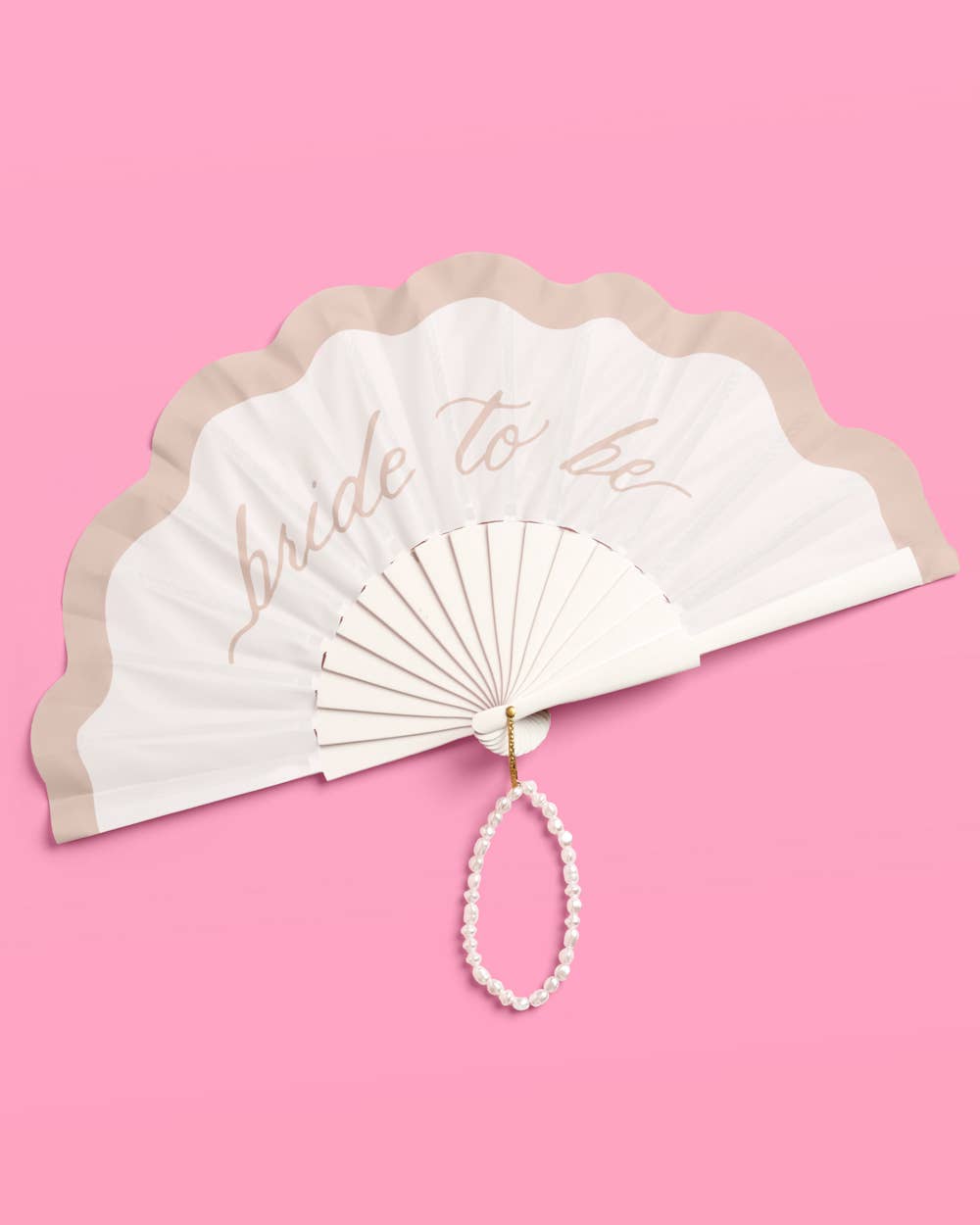 White wood hand fan with Bride to Be script and faux pearl wrist loop