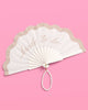 White wood hand fan with Bride to Be script and faux pearl wrist loop