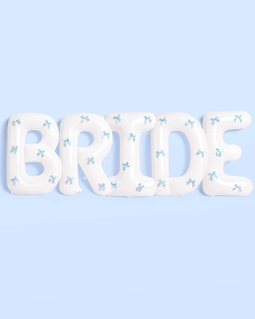 Matte white 40 inch letter balloons spelling Bride with blue satin bows