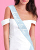 Blue satin bride to be sash with white foil lettering