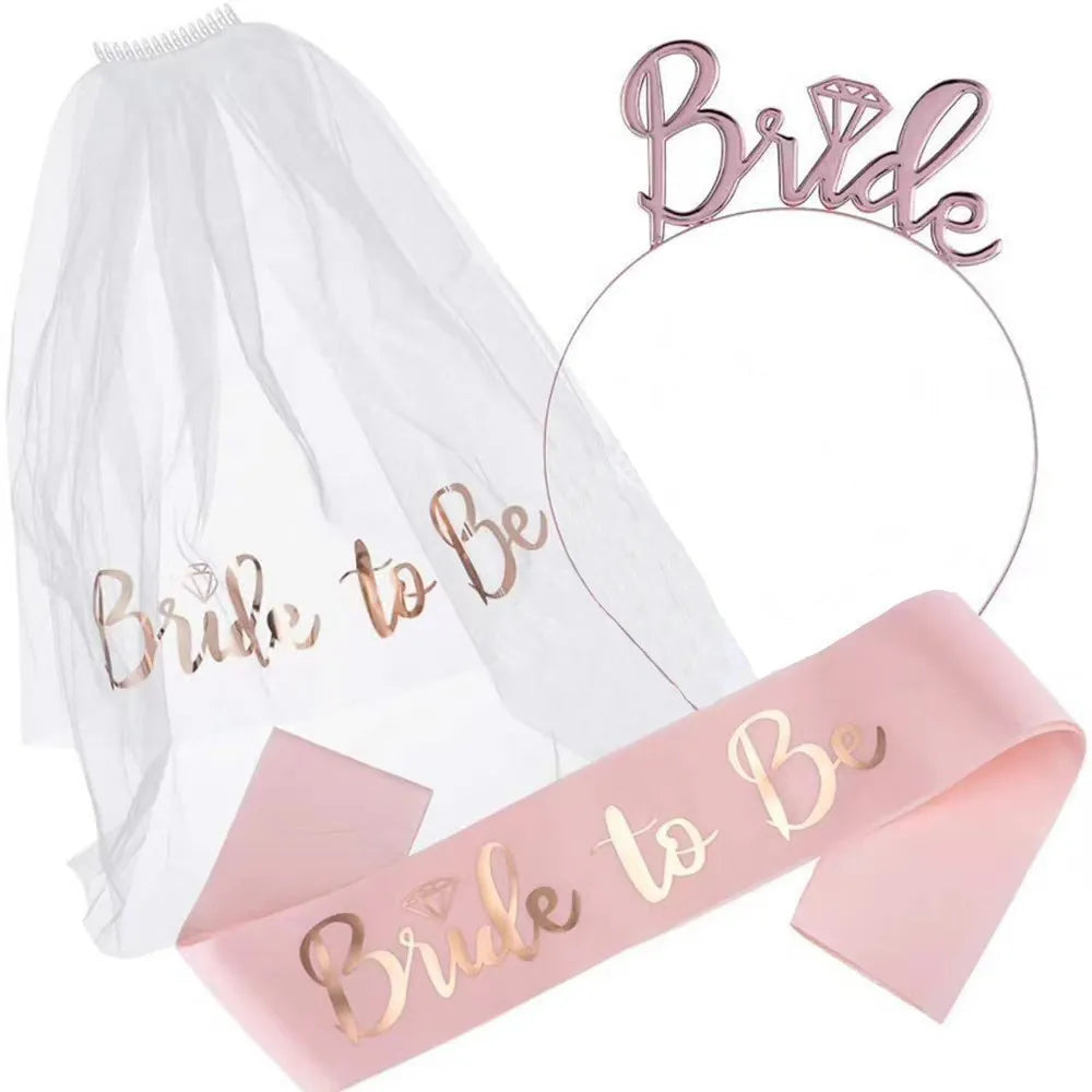 Rose gold headband, pink Bride To Be satin sash and mesh veil set