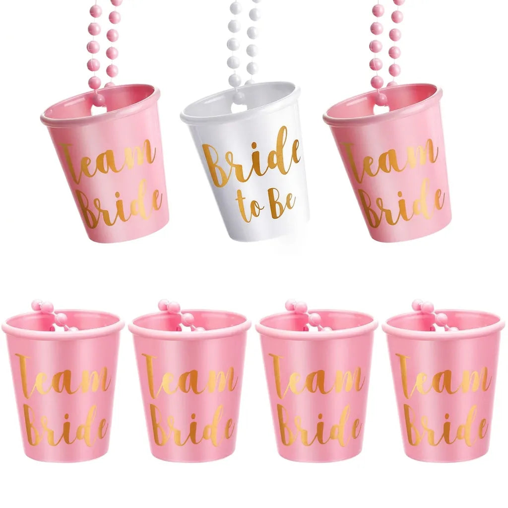 Pink Team Bride shot glass on a bead chain necklace