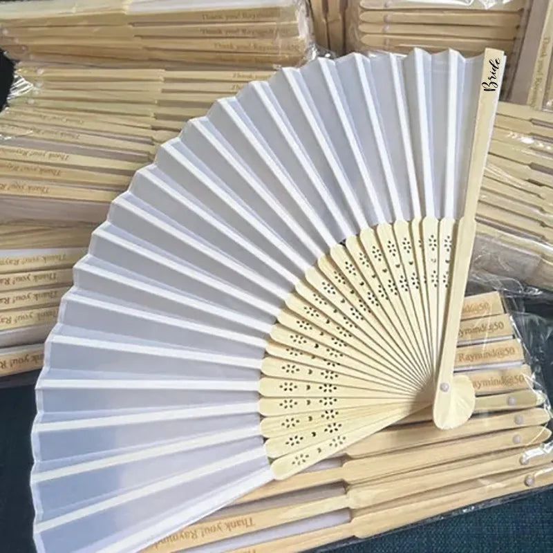 White satin folding hand fan with Bride lettering on wooden ribs