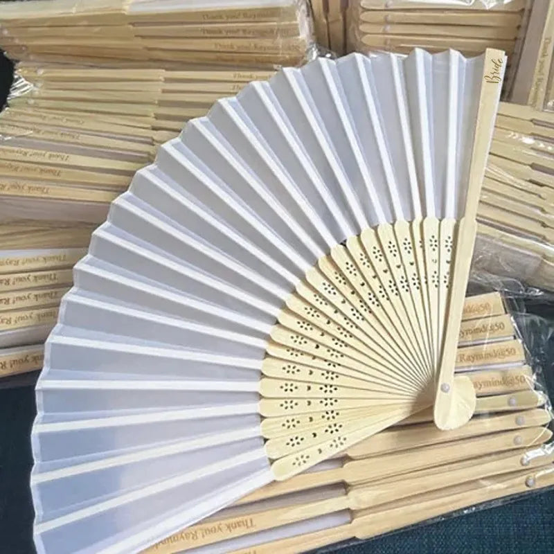 White satin folding hand fan with Bridesmaid lettering on wooden ribs