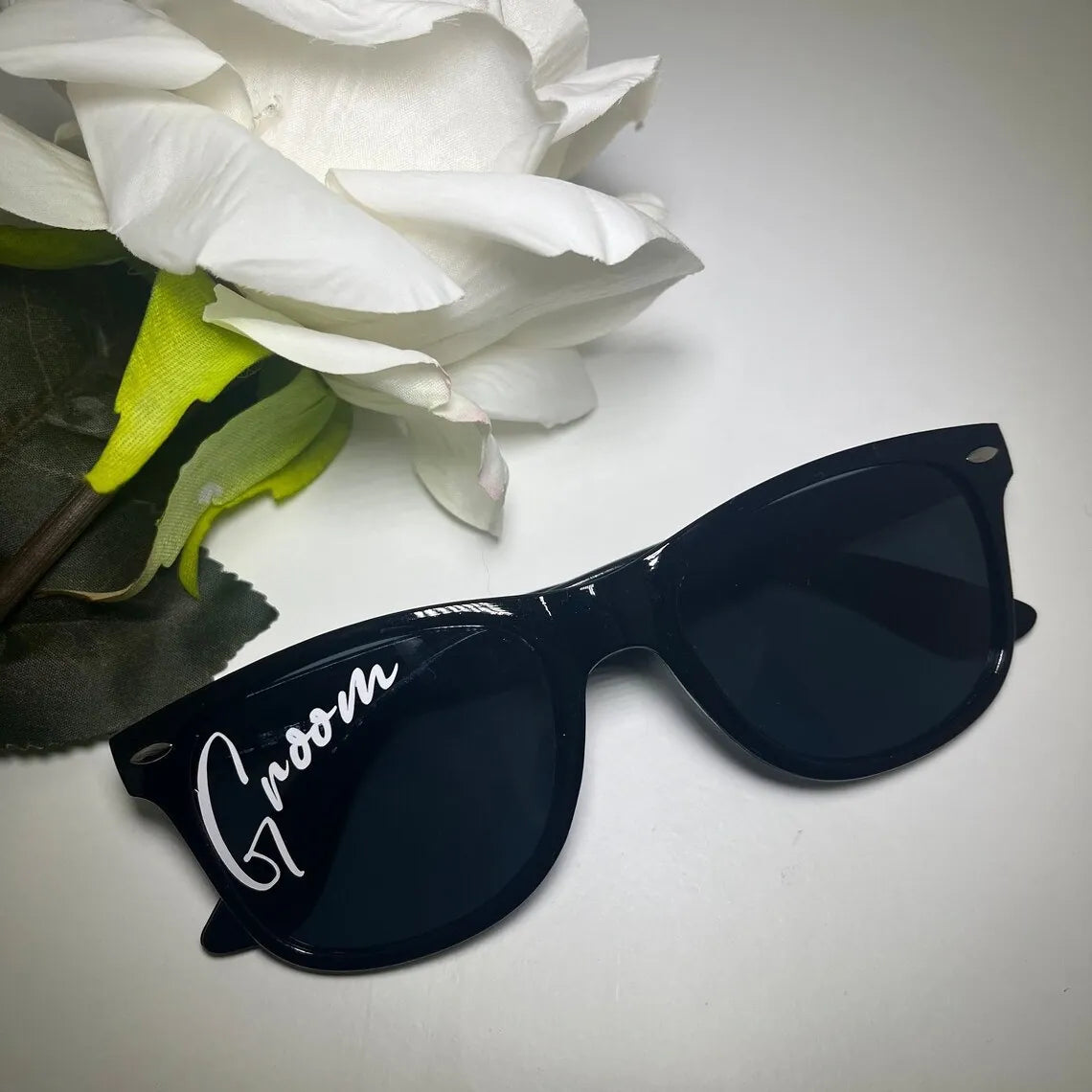 Black classic frame party sunglasses with GROOM lettering
