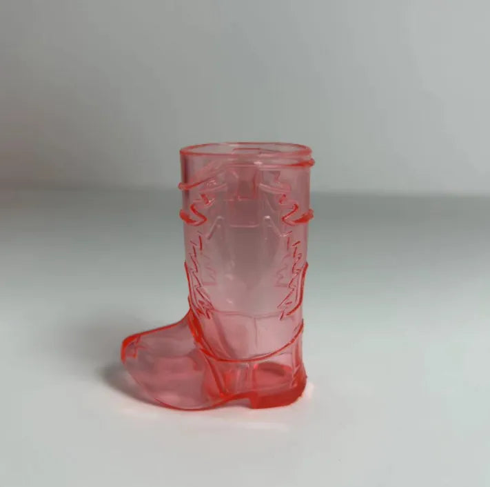 Clear pink cowboy boot shot glass with a mini cowboy hat lid