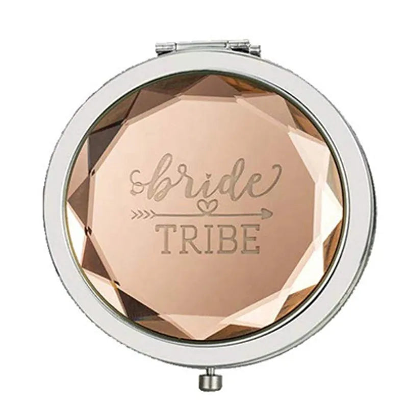 Compact makeup mirror with faceted lid and Bride Tribe lettering