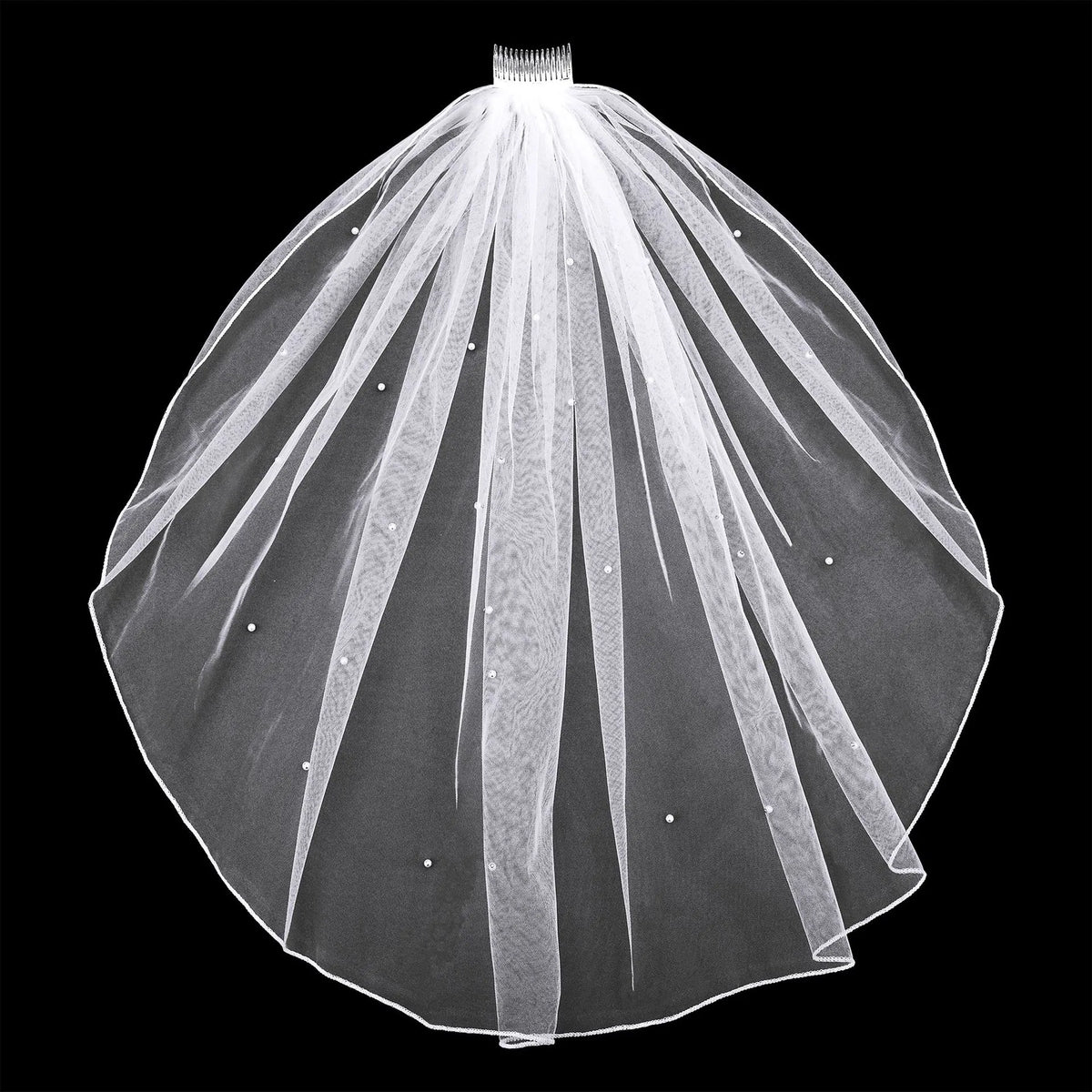 Single layer white tulle bridal veil with scattered pearls and metal comb