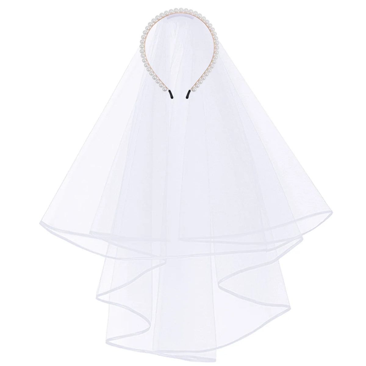 Artificial pearl headband with attached multi-layer white tulle veil
