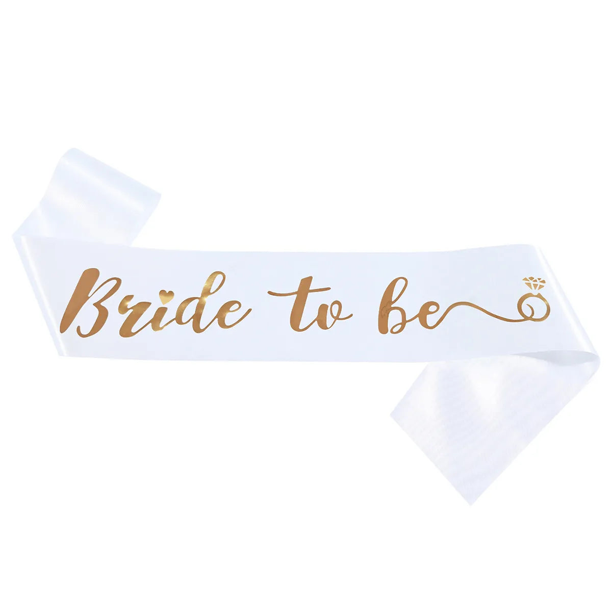 White satin Bride To Be sash with rose gold lettering and diamond ring icon