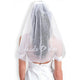 Layered white tulle veil with embroidered Bride To Be lettering and pearls