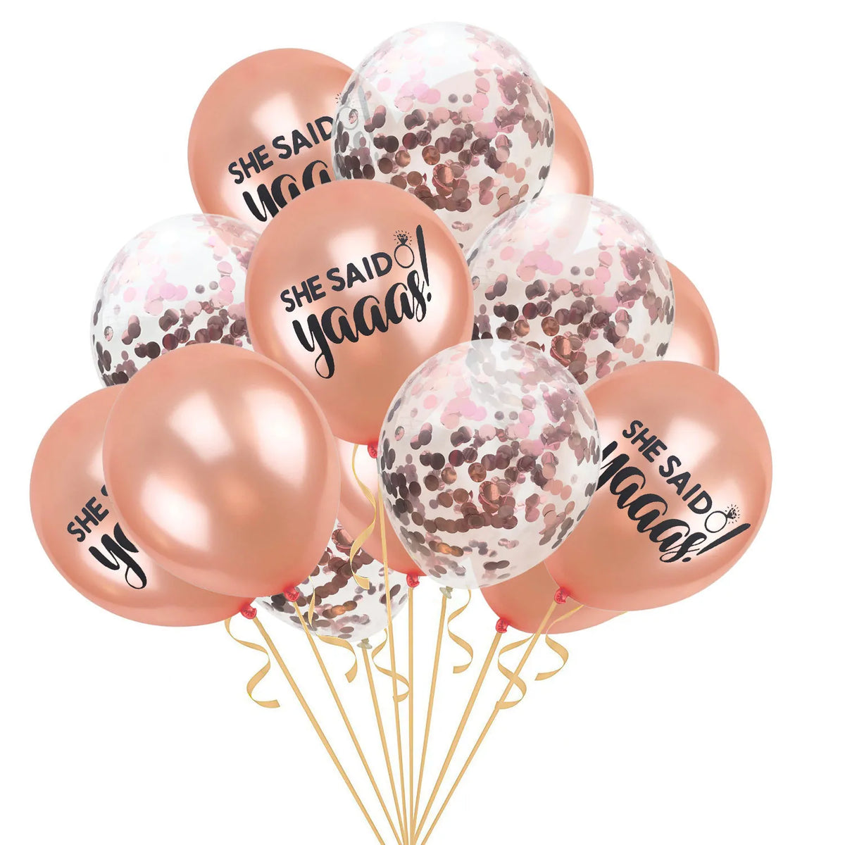 Rose gold She Said Yaaas balloon pack with metallic and confetti balloons