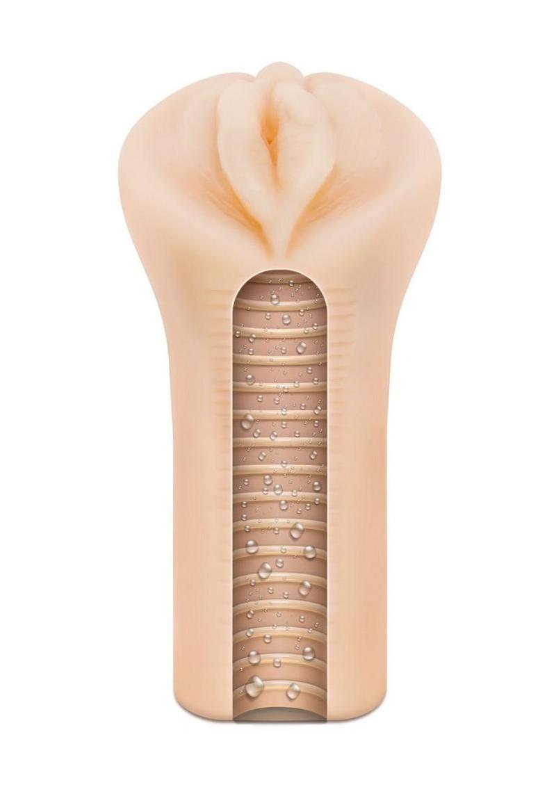 Flesh toned male stroker sleeve with a realistic vulva style opening and a cutaway view revealing a ribbed internal texture, displayed against a white background.