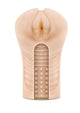 Flesh toned male stroker sleeve with a realistic vulva style opening and a cutaway view showing the textured internal canal, displayed against a white background.