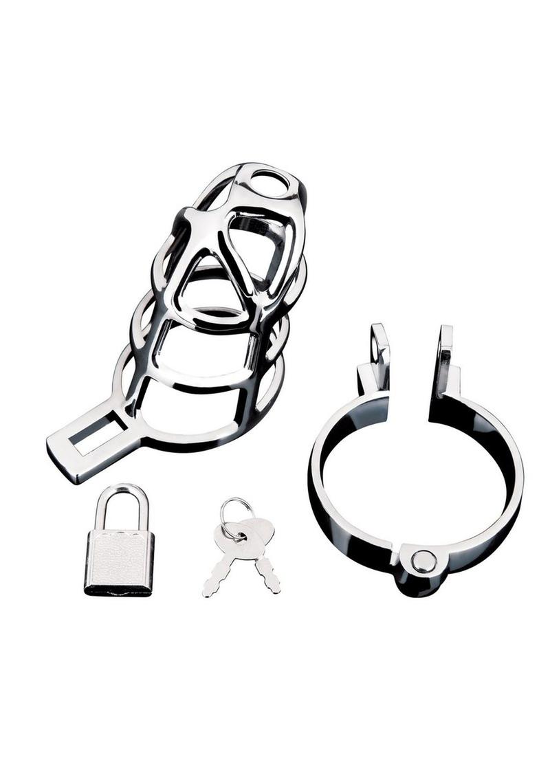 Steel Blue Line Enslave Cock Cage with ring, padlock and keys