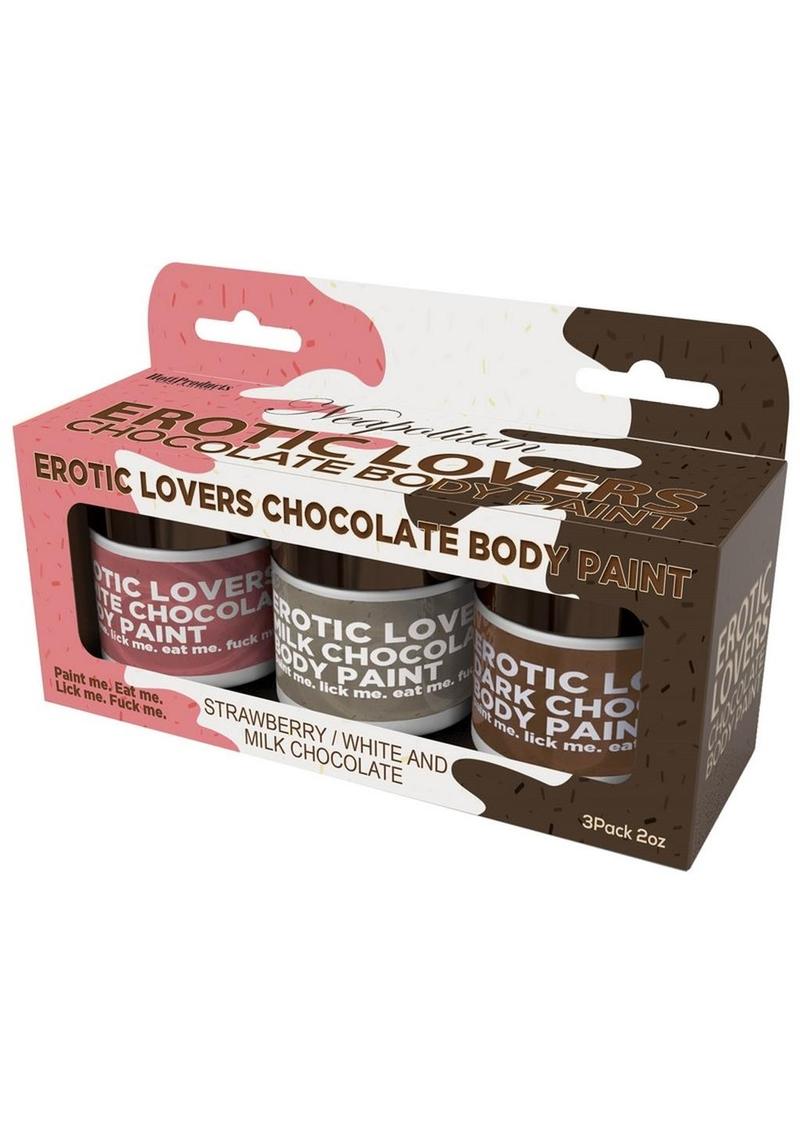 Erotic Chocolate Body Paints 3 Pack box with white chocolate, milk chocolate and strawberry chocolate jars