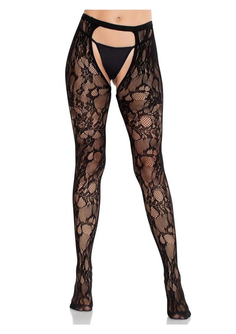 Leg Avenue Eyelet Rose Lace Crotchless Tights with Open Back