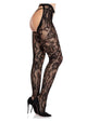 Eyelet Rose Lace Crotchless Tights with Cheeky Open Back - Black - One Size