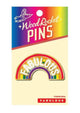 Fabulous rainbow enamel pin mounted on its Wood Rocket Pins backing card