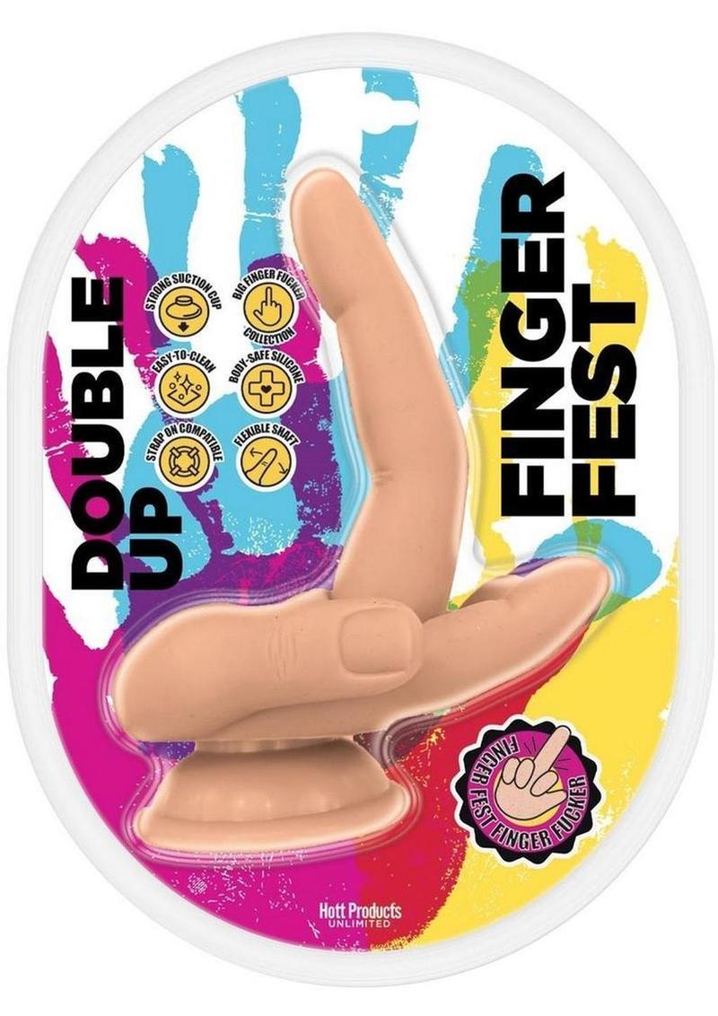 Finger Fest Double Up Silicone Dildo in Vanilla, retail packaging