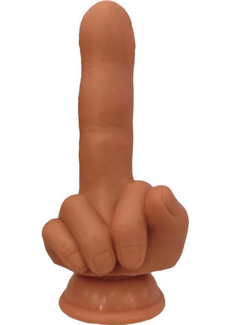 Finger Fest Flip Off Silicone Dildo in Caramel, front view on suction base