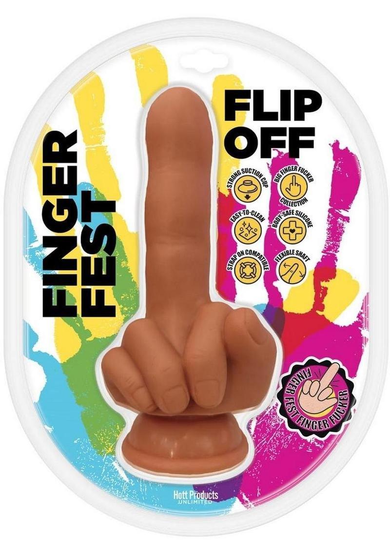 Finger Fest Flip Off Silicone Dildo in Caramel, retail packaging