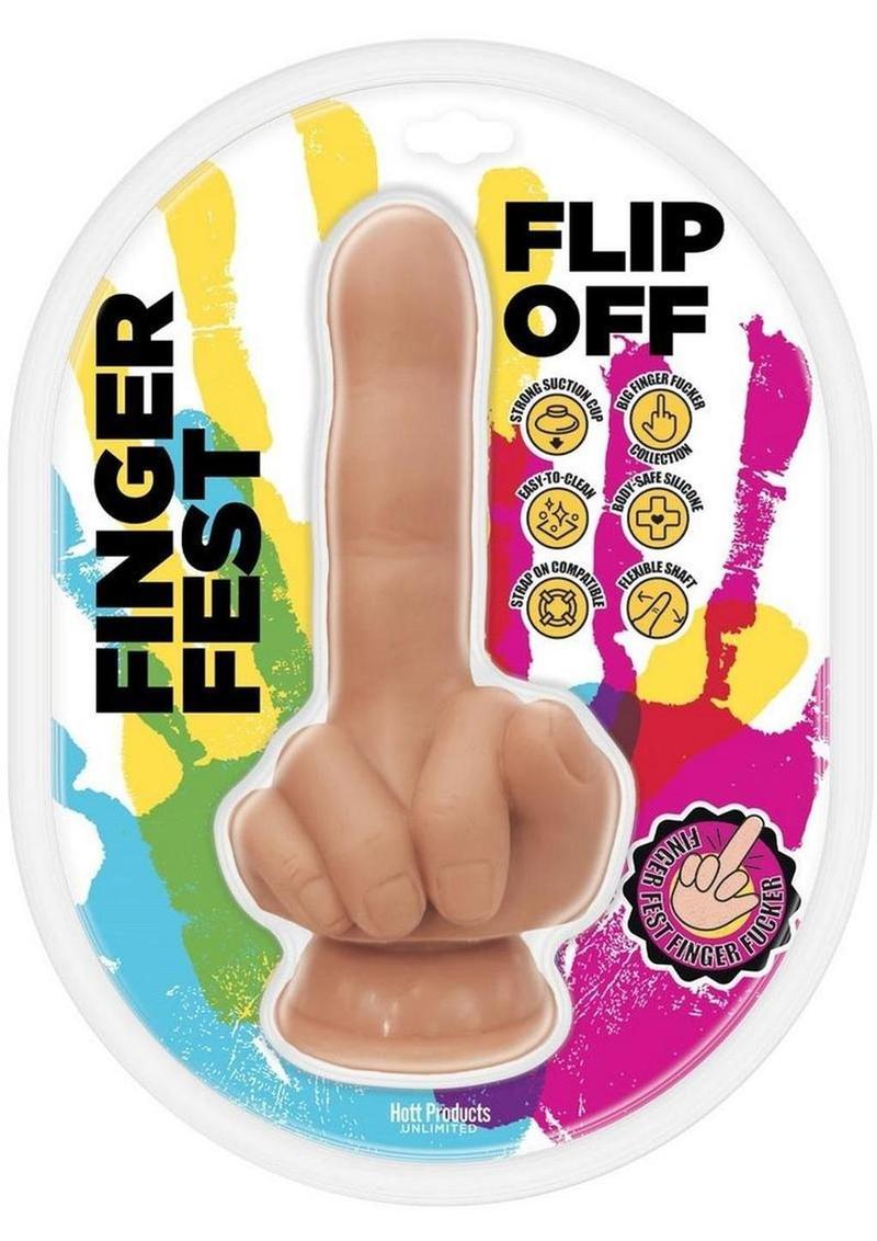 Finger Fest Flip Off Silicone Dildo in Vanilla, retail packaging