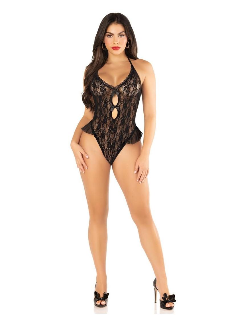 Leg Avenue Floral Lace Halter Bodysuit with Mini Bow and Flutter Accent