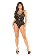 Leg Avenue Floral Lace Halter Bodysuit with Mini Bow and Flutter Accent