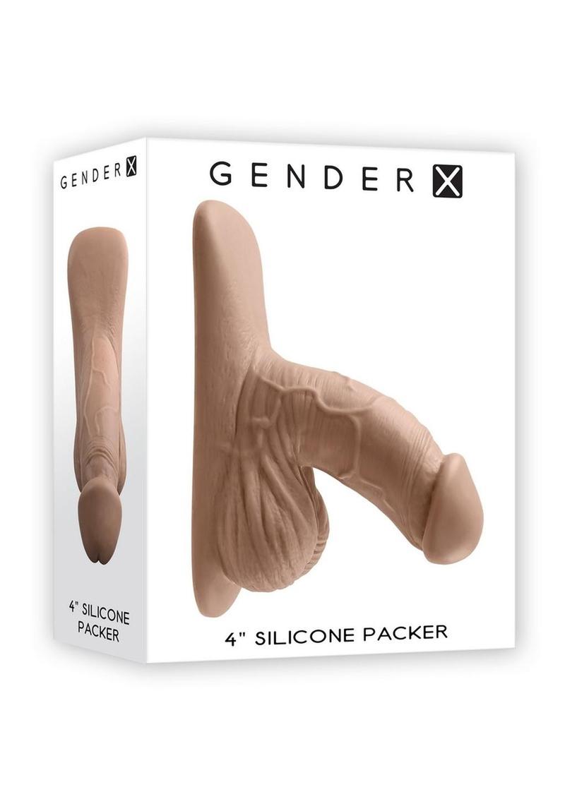 Gender X Silicone Packer Dildo in Caramel, retail packaging