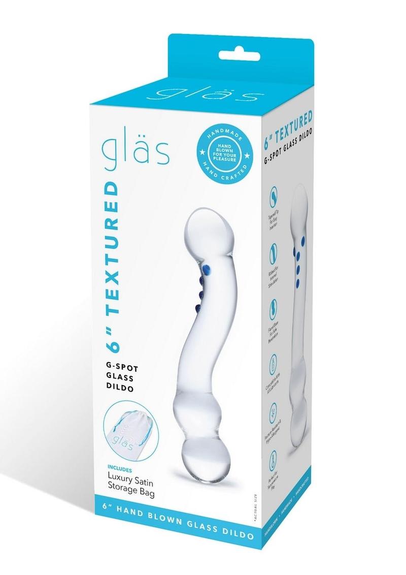Glas Curved G-Spot Glass Textured Dildo, retail packaging