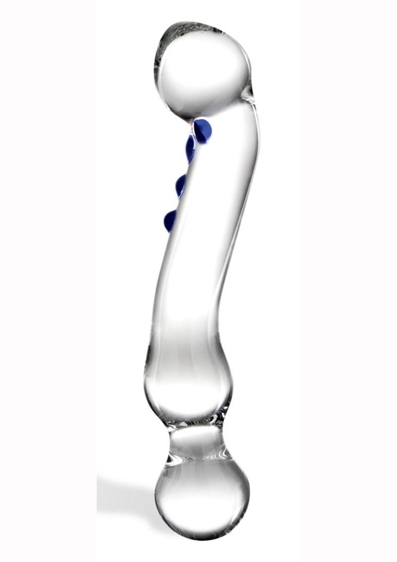 Glas Curved G-Spot Glass Textured Dildo in Clear with blue ridges, front view