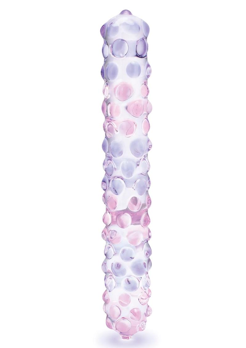 Glas Purple Rose Glass Nubby Dildo in Clear with pink nubs, front view